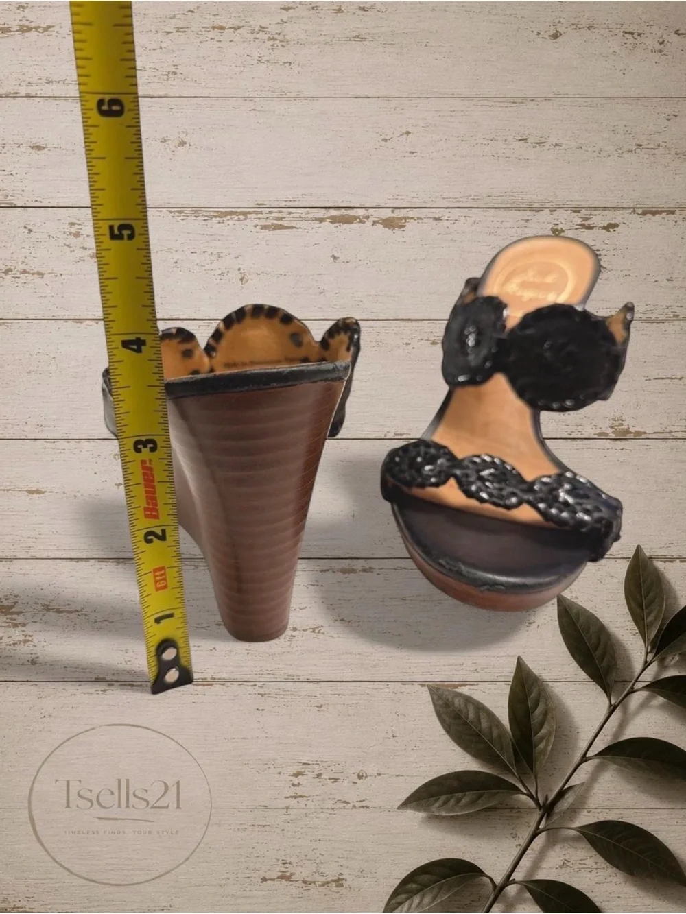 Jack Rogers Black Leather Medallion Wedge Sandals - Size 6.5